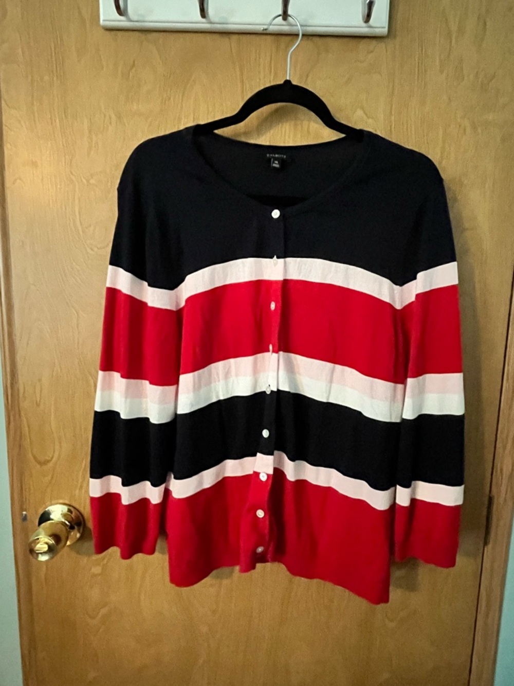 Talbots Red Black White Striped Button Cardigan